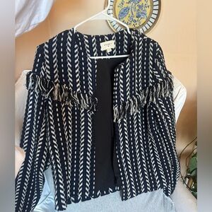 Everly Navy, Black and White Patterned Jacket with Fringe - Medium